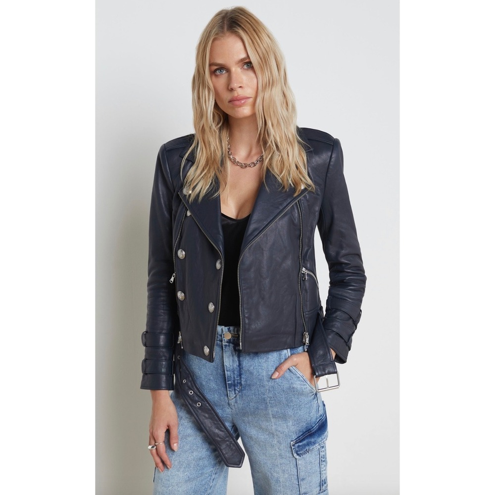 L'Agence NWT Billie Belted Lamb Leather Moto Jacket Midnight XS